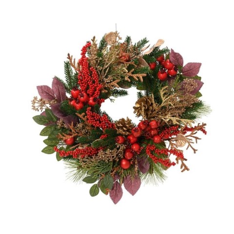 CORONA BACCHE ROSSE PIGNE ORO D.40 H.11